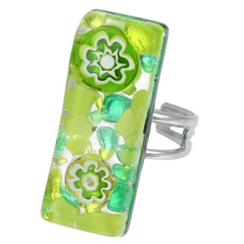 GlassOfVenice Murano Glass Venetian Reflections Rectangular Adjustable Ring - Green