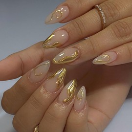 Short Press on Nails Almond Fake Nails with Irregularly Designs Gold Swirl Glue on Nails Simple Translucent Nails Press ons Fall False Nails for Women 24 Pcs