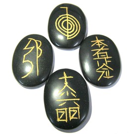 Usui Reiki Symbol Carved Black Agate Four Stone Set Crystal Healing Wellness Reiki Feng Shui