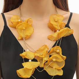 FUNOJOY Flower Bib Statement Necklace, Hawaiian Flower Necklace, Chunky Floral Charm Summer Beach Chokers Necklaces Gifts for Women (Yellow)