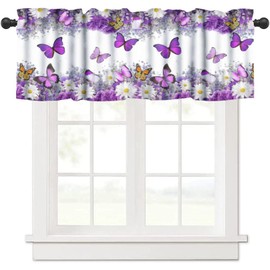 Yearn Jear Butterfly Valance Curtain for Kithchen Windows, Purple White Floral Flying Butterflies Rod Pocket Window Treatments Drapes for Bedroom Bathroom 54x 18 inch