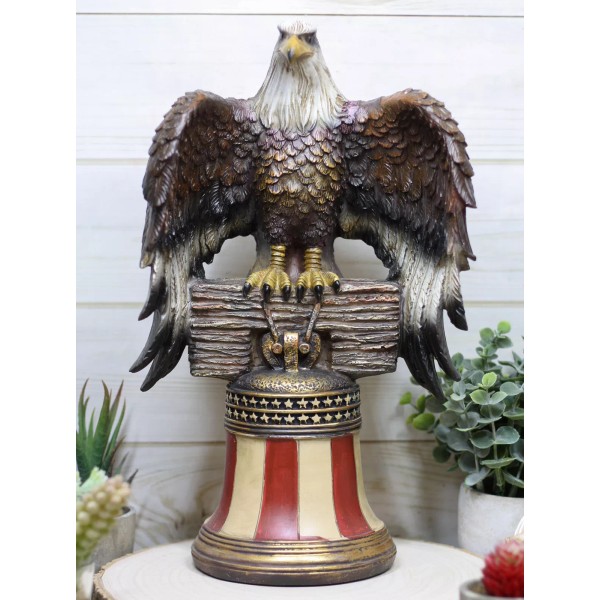 Large Bald Eagle Figurine Statue Perched On Liberty Bell American
