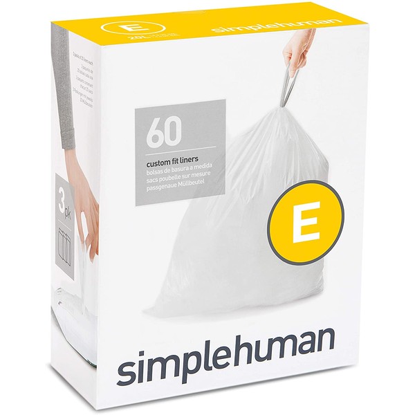 simplehuman Code E Custom Fit Drawstring Trash Bags 20 Liter / 5.2 Gallon, White, 60 Liners