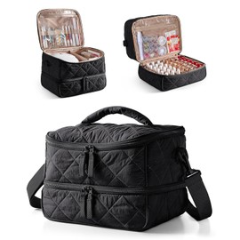 Quilted Nail Polish Organizer Bag Holds 42 Bottles and Nail Lamp, Nail Polish Storage Case with Crossbody Straps and Multiple Pockets, Black