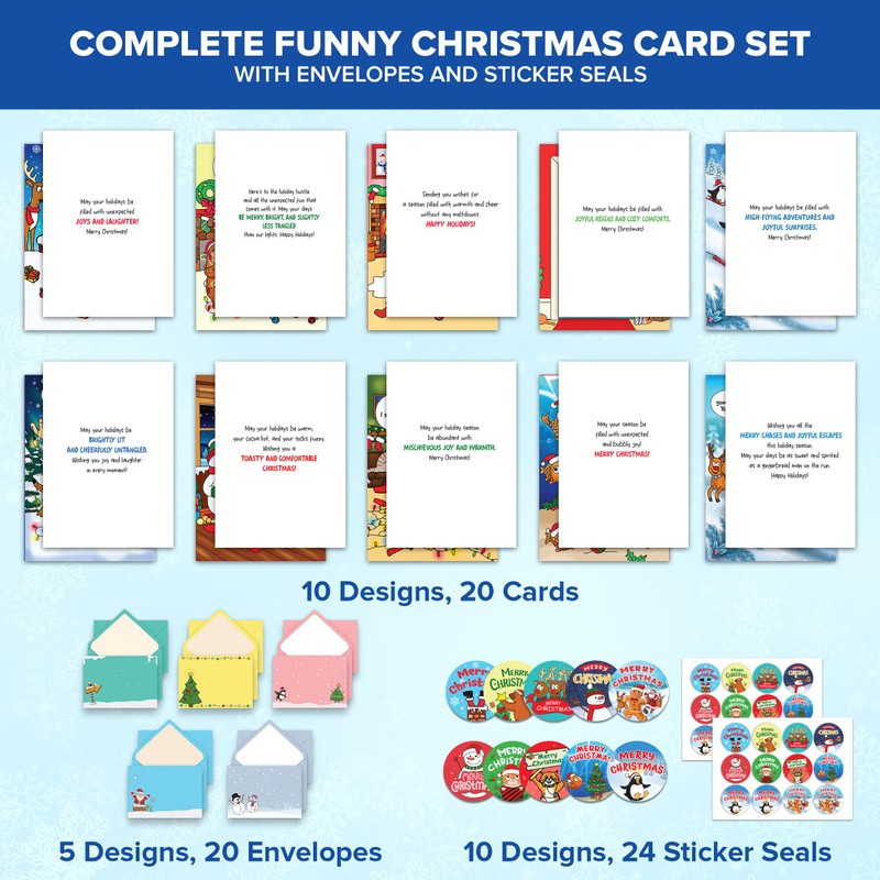 Decorably 20 Pack 5x7in Funny Christmas Cards with Envelopes and