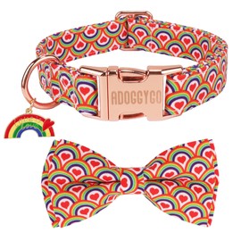 ADOGGYGO Rainbow Dog Collar with Bow, Detachable Bow, Metal Buckle, Adjustable Rainbow Collars for Large Dogs Boy Girl Male Female (Large)