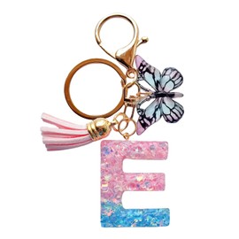 Cute Initial Letter Keychains for Women Girls Tassel Butterfly Multi-Color Keychain for Backpack School Bag (E-Pink Blue)