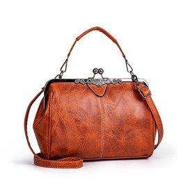 Women Vintage Hollow Handbag Oil Leather Shoulder Crossbody Bag Clutch Satchel Purse with Kiss Lock Closure (Wine red)