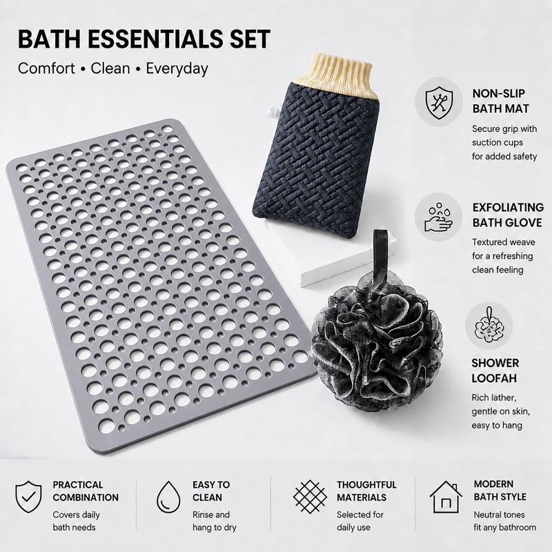 Bathtub Essentials Combo - Anti-Slip Bath Mat - Exfoliating Cloth