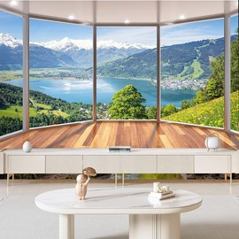 FENDROM Snow Mountains Lake Forest Scene Tapestry Nature Landscape Wall Hanging Window View Beautiful Small Town Wall Tapestries for Bedroom Living Room Home Decor