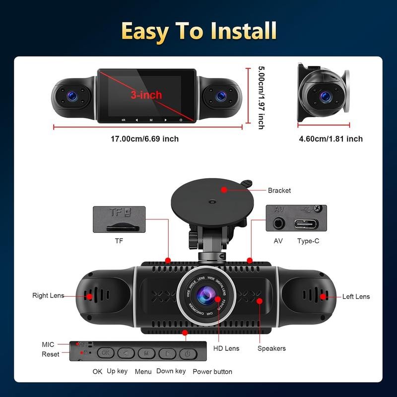 WiFi 360° Dash Cam Front and Rear Inside,4 Channel 3"