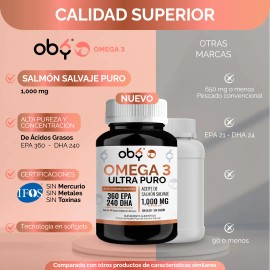 Omega 3 Premium 1300mg | Aceite De Salmon Salvaje Puro Con Alto Epa Y Dha | Suplemento Alimenticio | Oby Vitaminas Mujer Y Hombre | Tecnologia Sin Sabor, Sin Olor, Ultra Puro | 60 capsulas