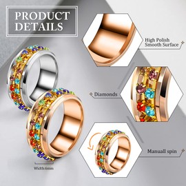Bediazz Spinner Ring Stainless Steel ring , Anxiety Fidget Rings for Men and Women Anti Anxiety Rings Fidget Band Rings Anxiety Spinning Rings with zircon size (8), Rose Gold