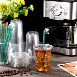 Baderke 16 oz Clear Plastic Cups with Lids and Straws, Disposable Plastic Iced Coffee Cups Pet Cups for Cold Beverage, Juice, Smoothie, Plastic Crystal Cups for Coffee Shops, Party Catering, Christmas