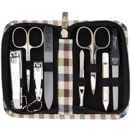3 Swords Germany - brand quality 8 piece manicure pedicure grooming kit set synthetic leather case chequered - Made in Germany