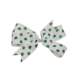 St. Patricks Day Hair Bow (1 Layer Green glitter clover on White with elastic headband)