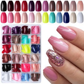 LoveOurHome 576pc Coffin Press on Nails Short Fake Nails, Coffin Glue on Nails Press ons Acrylic Nails Full Cover Artificial Fingernails Ballerina False Nail Tips 24 Colors Nail Set for Women Girls