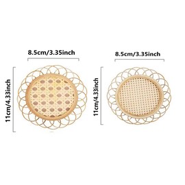 Boho Style Woven Bamboo Rattan Coaster Two Pattern Holes for Drink Coaster Coffee Table Home Decor Housewarming Gift (Big Hole, 4 Pack)