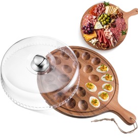 FillTouch Easter Acacia Wood Deviled Egg Platter with Lid and Handles 24 Holes Round Deviled Egg Tray Holder Reversible Wooden Charcuterie Board Serving Containers for Countertop Thanksgiving