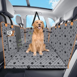 Lekespring Dog Car Seat Cover for Back Seat, Dog Car Bed Cover with Strong Hard Bottom 4 Panels, Car Back Seat Extender for Dogs, Dog Hammock for Car SUV Truck, Gray wiht Footprint Color