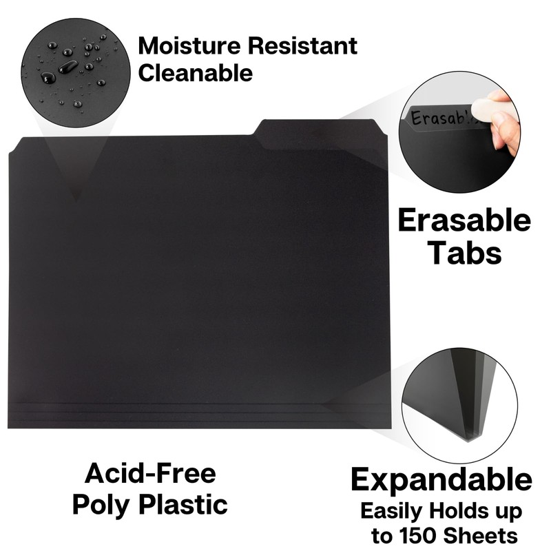 Dunwell Plastic Black 3-Tab Folders, (6 Pack), Sturdy 1/3 Tab