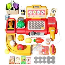 Caja Registradora Juguete Niñas, 63 PCS Supermercado Juguete con Cajas Registradora, Calculadoras, Walkie-talkies y Escáneres, Juegos de Simulación QR