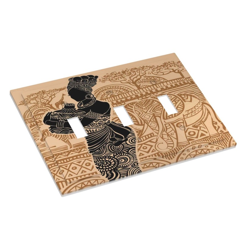 African Woman 3 Gang Triple Wall Plate Zebra Elephants Decorative