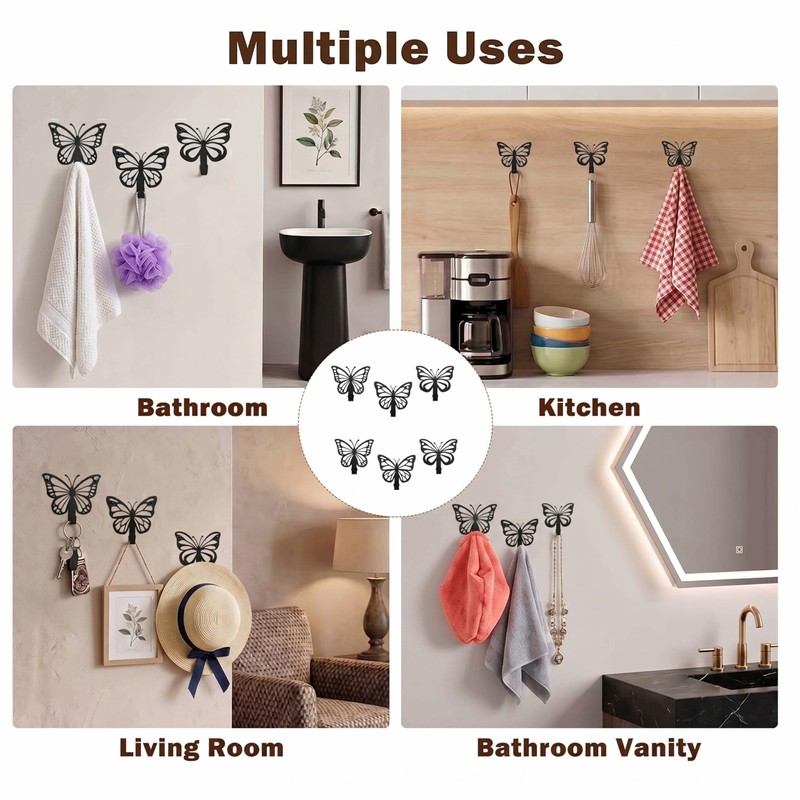 Zckjnoi 6 Pack Butterfly Wall Hooks, Decorative Black Metal Butterfly