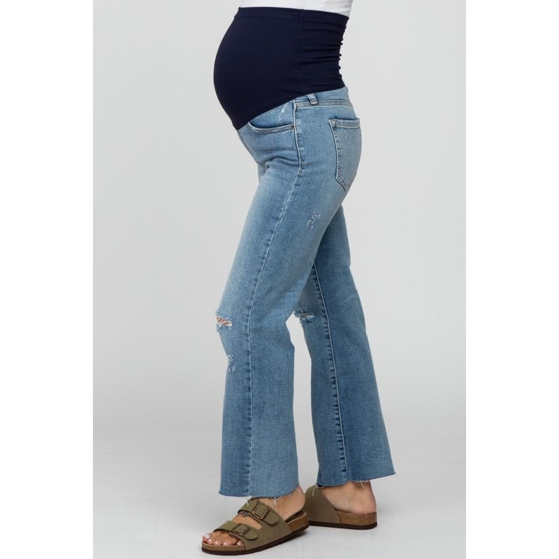 PinkBlush Blue Straight Leg Frayed Hem Maternity Jeans