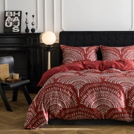 Simple&Opulence Boho Cooling Duvet Cover Set, 3Pcs Aztec Luxury Tribal Geometric Pattern Comforter Cover Set, Soft Breathable Bedding for Hot Sleepers(Red, Queen)