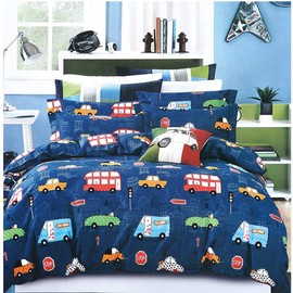 Feelyou Kids Duvet Cover Set Boys Bedding Sets Twin Size Cartoon Sports Cars Print Comforter Cover Set for Teens Children Blue Decorative Microfiber Polyester Quilt Cover with 1 Pillow Shams, 2Pcs