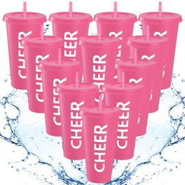 Layhit Cheer Teams Gifts Cups Bulk 24 oz Reusable Cheer Plastic Tumbler with Straw and Lid Water Bottles for Team(Pink,12 Sets)