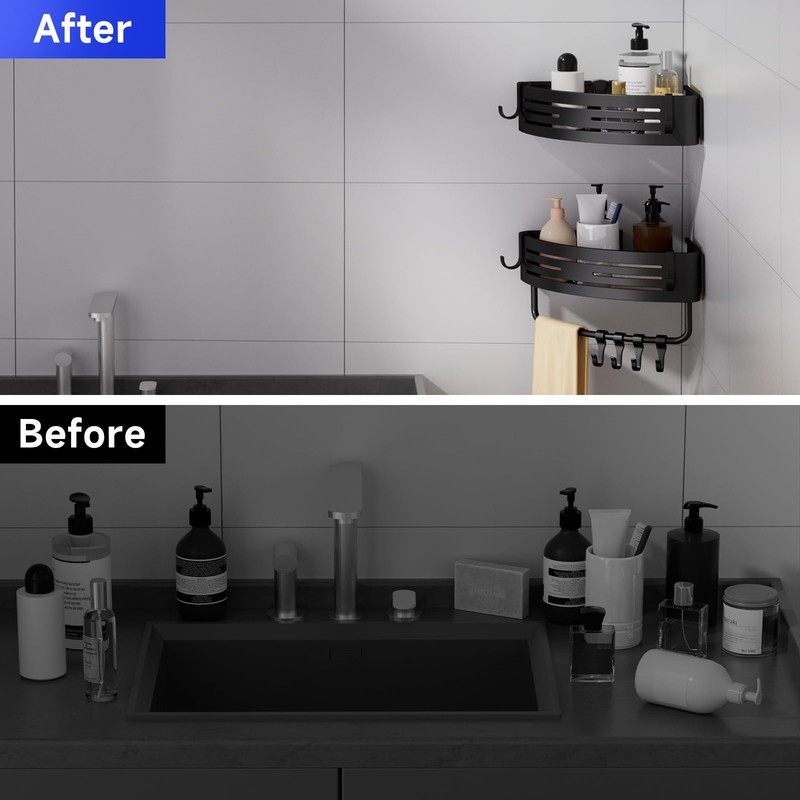 Adhesive Shower Caddy,2 Pack Black Rustproof 90° Bathroom Corner Shelf,Large