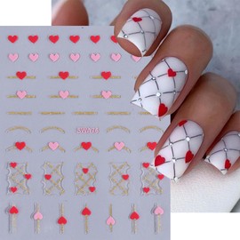 LBPEPAMZ 8Sheet Valentine's Day Nail Stickers Pink Red Heart Nail Art Stickers Gold Line White Black Love Heart Nail Supplies for Nails Art Manicure Decor 3D Self-Adhesive Gold Glitter Nail Decals