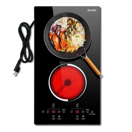 Jessier 12 Inch Electric Cooktop - 2 Burner Countertop & Built-in Electric Stove Top, 120V Plug in Electric Cook Top, Timer, Safety Lock, Over-Temperature Protection, Sensor Touch Control