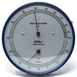 Fischer 111.48T - Hair Hygrometer with Thermometer - 103 mm Outdoor Humidity Meter Made in Germany - Stainless Steel Blue