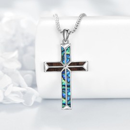 URONE Cross Necklace 925 Sterling Silver Cross Wooden Pendant Necklace with Abalone Shell Cross Jewellery Religious Gifts for Women Men, No Gemstone