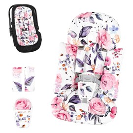 GFU Infant Car Seat Insert with 3 Strap Covers, 3 in 1 Reversible Floral Baby Car Seat Head Support for Newborn, 3D Soft Minky Carseat Cushion for Preemie to Infant, Stroller, Swing, Bouncer