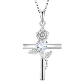 Vesitim Women's Cross Necklace 925 Sterling Silver Infinite Rose Flower Pendant Faith Religious Birthstone Jewelry Gift, Sterling Silver, Cubic Zirconia
