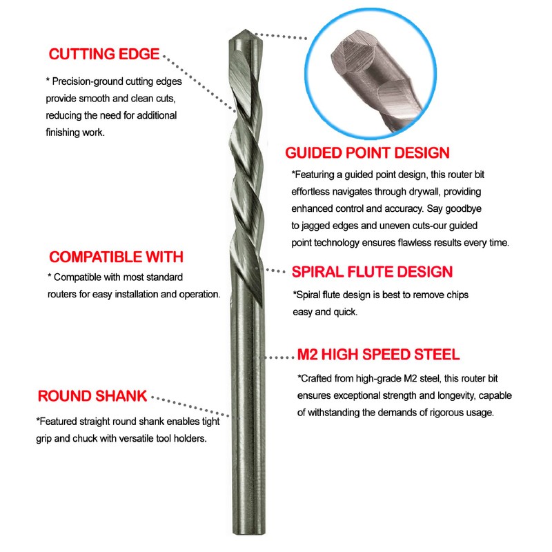 Drywall Cut Out Bit 1/8 Inch Guidepoint Rotary Router Tool
