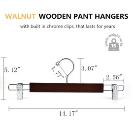 Amber Home 10 Pack 14.17" Solid Walnut Wooden Pant Skirt Hangers, Bottom Hangers for Slacks Trousers Jeans with 2-Adjustable Anti-Rust Clips (Walnut, 10 Pack)