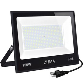ZHMA 150W LED Flood Light Outdoor,12000lm LED Work Lights with Plug,IP66 Waterproof Security Lights,6500K Daylight White floodlight for Basketball Court, Parking Lots, Playground, Yard