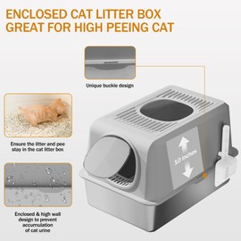 Stainless Steel Litter Box, XXL Top Entry Litter Box for Big Cats, Enclosed Metal Cat Litter Boxes High Sides with Lid, Covered Extra Large Cat Litter Box Pan Tray with Scroop and Mat(Gray)