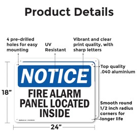 (2 Pack) Fire Alarm Panel Located Inside OSHA Notice Sign 24 Inch X 18 Inch Indoor/Outdoor Rust-Free Aluminum Metal Signs for Workplace, Workshop, and Construction Site, Made in the USA