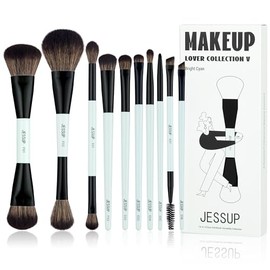Jessup Juego de Brochas de Maquillaje 10pcs Brochas Maquillaje de Doble Punta para Base,Contorno,Rubor, Mezcla,Sombra de Ojos,Delineador de Ojos, Pinc