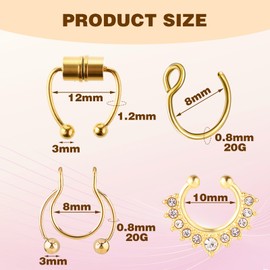 Yolev 12Pcs Fake Nose Rings for Women Non-Piercing Fake Nose Rings for Women Fake Nose Piercing Fake Septum Ring Fake Septum Piercing Faux Nose Rings Fake Lip Ring Fake Helix Earring