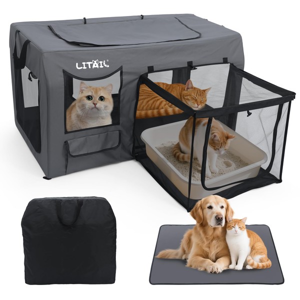 Portable Cat Playpen with Litter Box Area & Soft Mat,