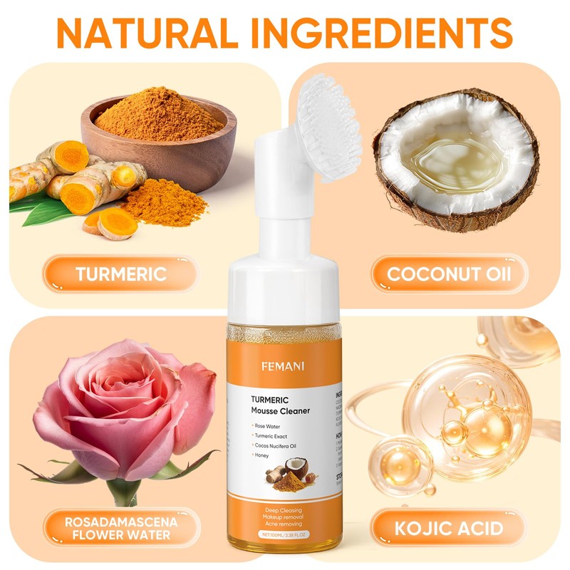 femani Glow Wash Face Wash With Brush, Turmeric Facial Cleanser