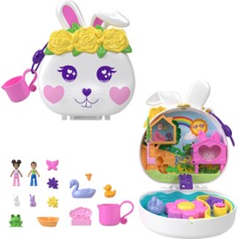 Polly Pocket Flower Garden Bunny Compact Playset with 2 Micro Dolls & 12 Accessories, Including 2 with Color Change