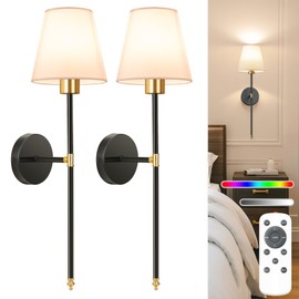 NIORSUN Battery Operated Wall Sconce Set of 2,Black-Gold Rechargeable Wall Lights with 5200mAh Dimmable Bulbs and Remote,10 Colors Wireless Wall Lamps for Bedroom Living Room Hallway Decor